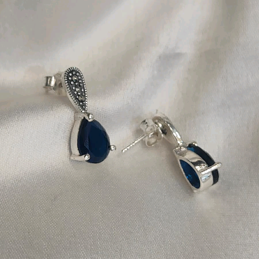 Blue Teardrop Marcasite Earrings 
